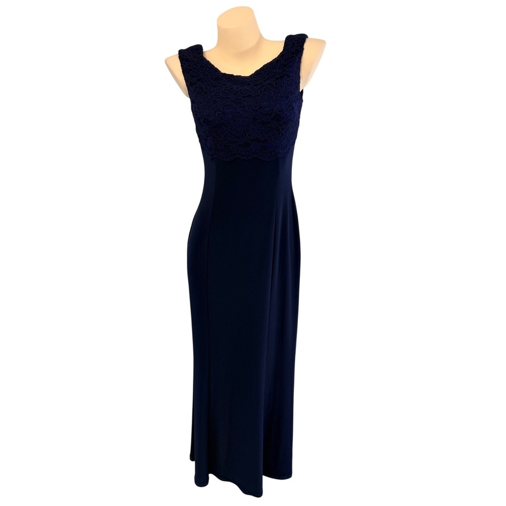 Lauren Ralph Lauren Evening Navy Blue Lace Bodice Maxi Gown Size 6